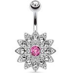 Piercing banane en acier chirurgical 316L, verre et oxyde de zirconium rose.