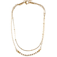 Bracelet chaîne de cheville double rangs composé d'une chaîne en acier doré et d'une chaîne avec perles cylindriques en acier doré et de perles en véritable pierre de jade blanc. Fermoir mousqueton avec 3 cm de rallonge.