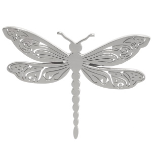 Broche en forme de libellule en acier argenté.