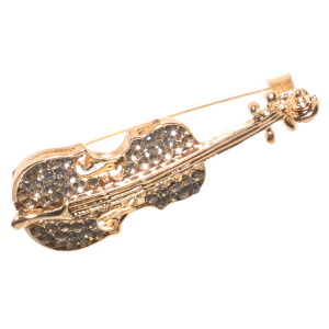 Broche fantaisie en forme de violon/contrebasse en métal doré sertie de strass.