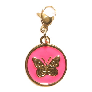 Breloque charm's médaille ronde en acier doré pavée d'émail avec un papillon.