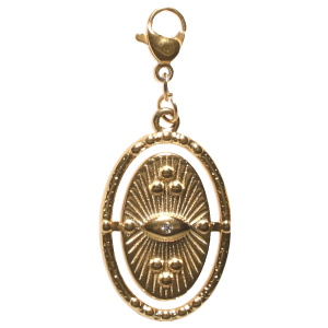 Breloque charm's de forme ovale en acier doré avec un œil serti d'un strass.