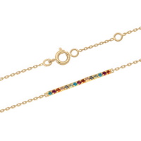 Bracelet composé d'une chaîne en plaqué or jaune 18 carats et d'une barrette pavée d'oxydes de zirconium multicolores. Fermoir anneau ressort avec anneaux de rappel à 15 et 17 cm.
