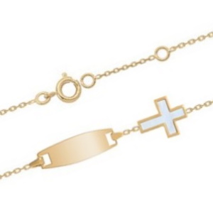 Bracelet gourmette identité pour enfant composé d'une chaîne en plaqué or jaune 18 carats et d'une croix sertie de nacre. Fermoir anneau ressort avec anneaux de rappel à 12 et 14 cm. Le cadeau idéal pour baptême et communion.