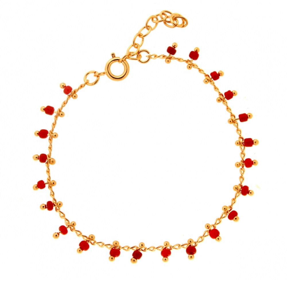 Bracelet en plaqué or jaune 18 carats et perles de couleur corail. Perle  Adolescent Adulte Femme Fille Indémodable 