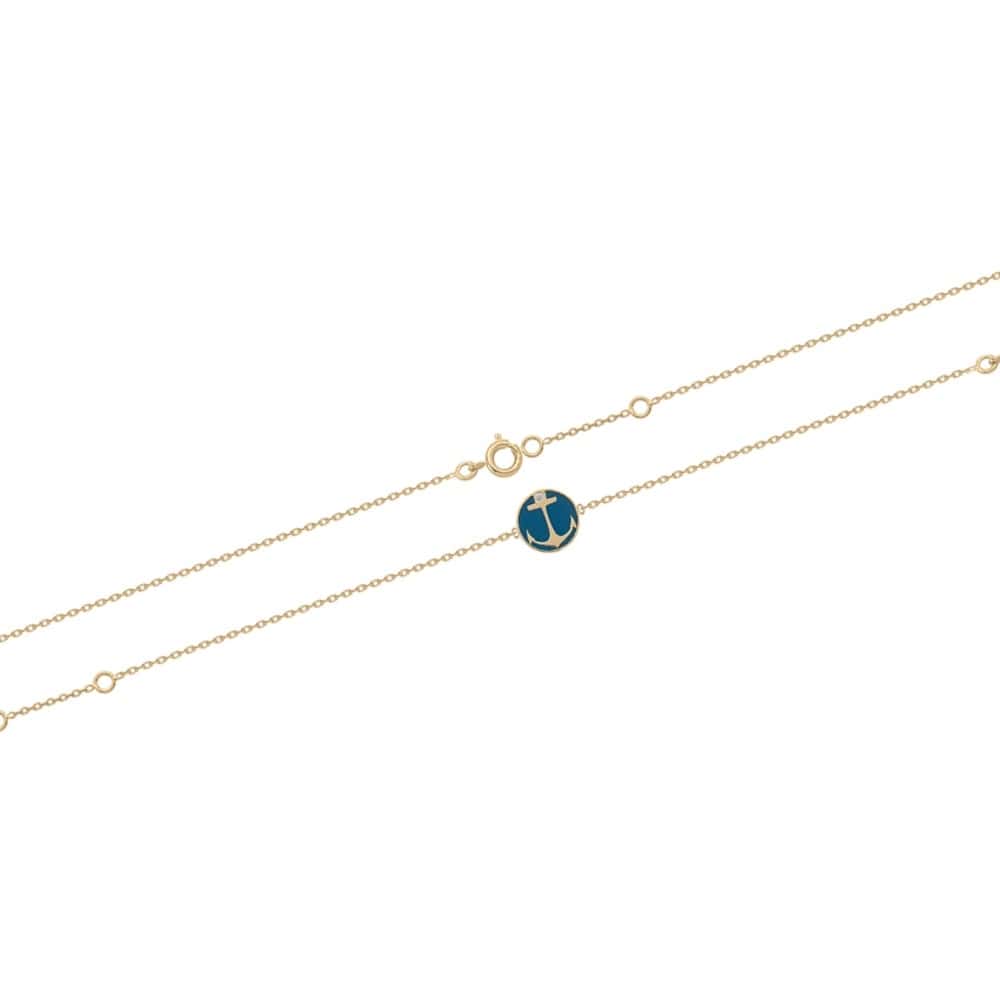 Bracelet médaille avec motif ancre en plaqué or, un oxyde de zirconium et émail.<br/>Fermoir anneau ressort avec anneaux de rappel à 15.5 cm et 17.5 cm. Ancre Rond  Adolescent Adulte Femme Fille Indémodable 