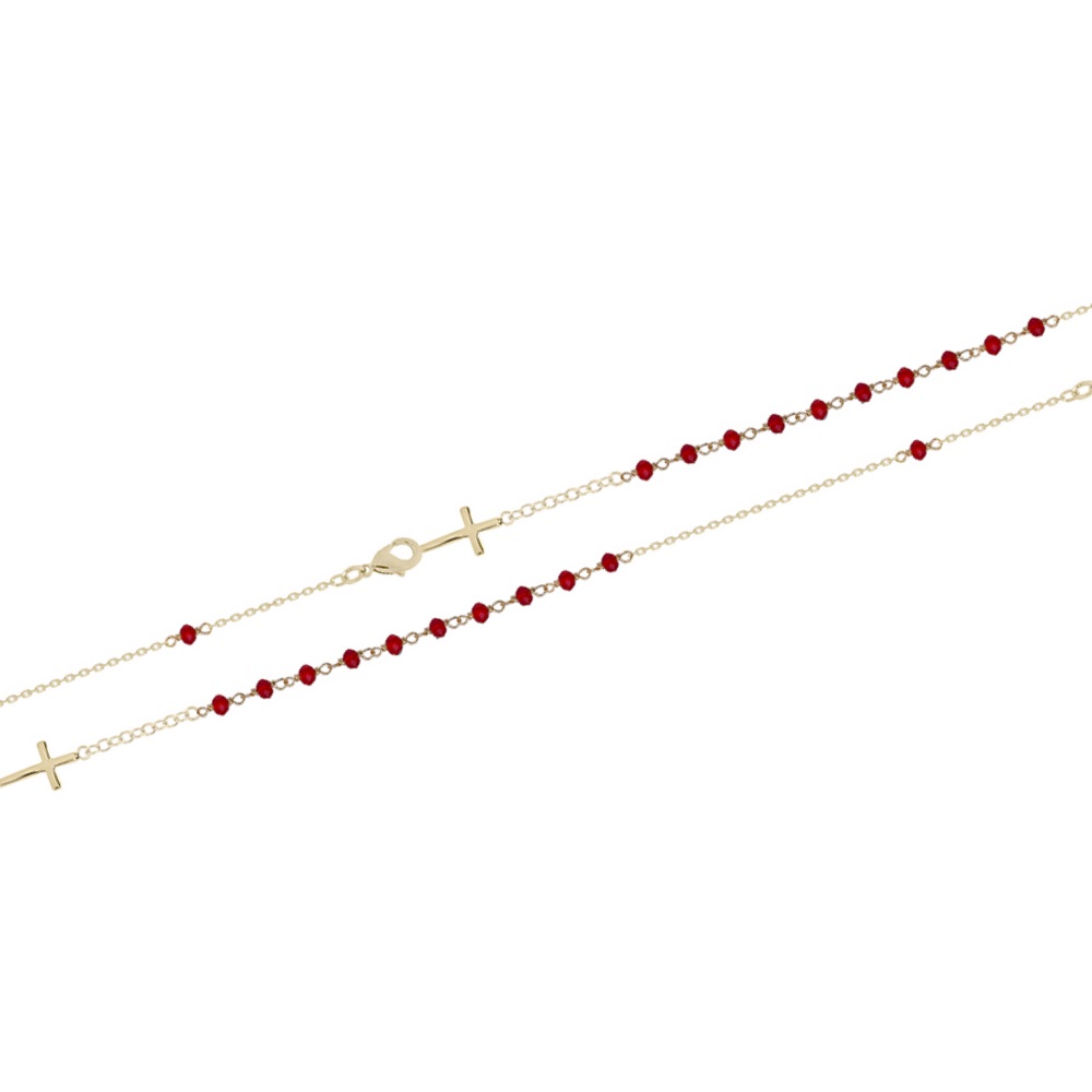 Bracelet avec croix pendante en plaqué or 18 carats et perles de couleur rouge.<br/>Fermoir mousqueton avec rallonge 3 cm. Croix Perle  Adolescent Adulte Femme Fille Indémodable Religion Symboles 