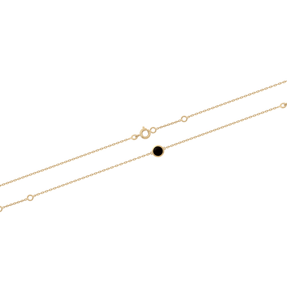 Bracelet composé d'une chaîne en plaqué or jaune 18 carats et d'un cabochon (pierre polie) de couleur noire.<br/>Fermoir anneau ressort avec anneau de rappel à 15 et 17 cm. Rond  Adolescent Adulte Femme Fille Indémodable 