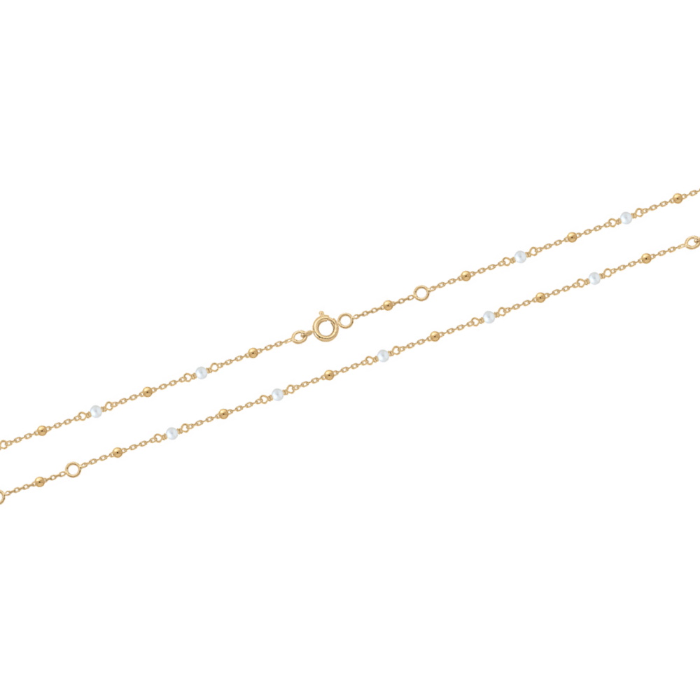 Bracelet composé d'une chaîne en plaqué or jaune 18 carats et de perles d'eau douce.<br/>Fermoir anneau ressort avec 3 cm de rallonge. Boule Perle  Adolescent Adulte Femme Fille Indémodable 