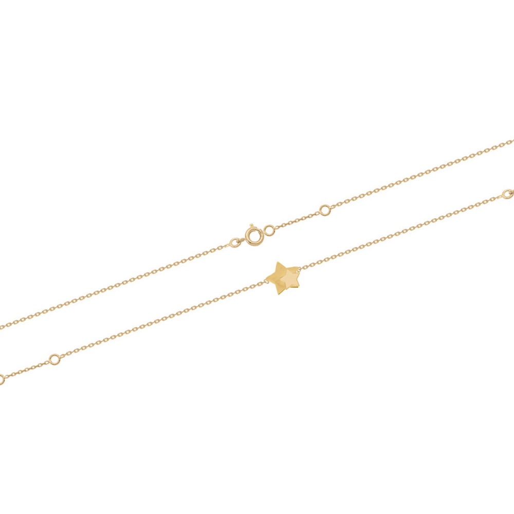 Bracelet composé d'une chaîne avec deux étoiles en plaqué or jaune 18 carats.<br/>Fermoir anneau de ressort avec anneaux de rappel à 15 et 17 cm. Etoile  Adolescent Adulte Femme Fille Indémodable Nature 