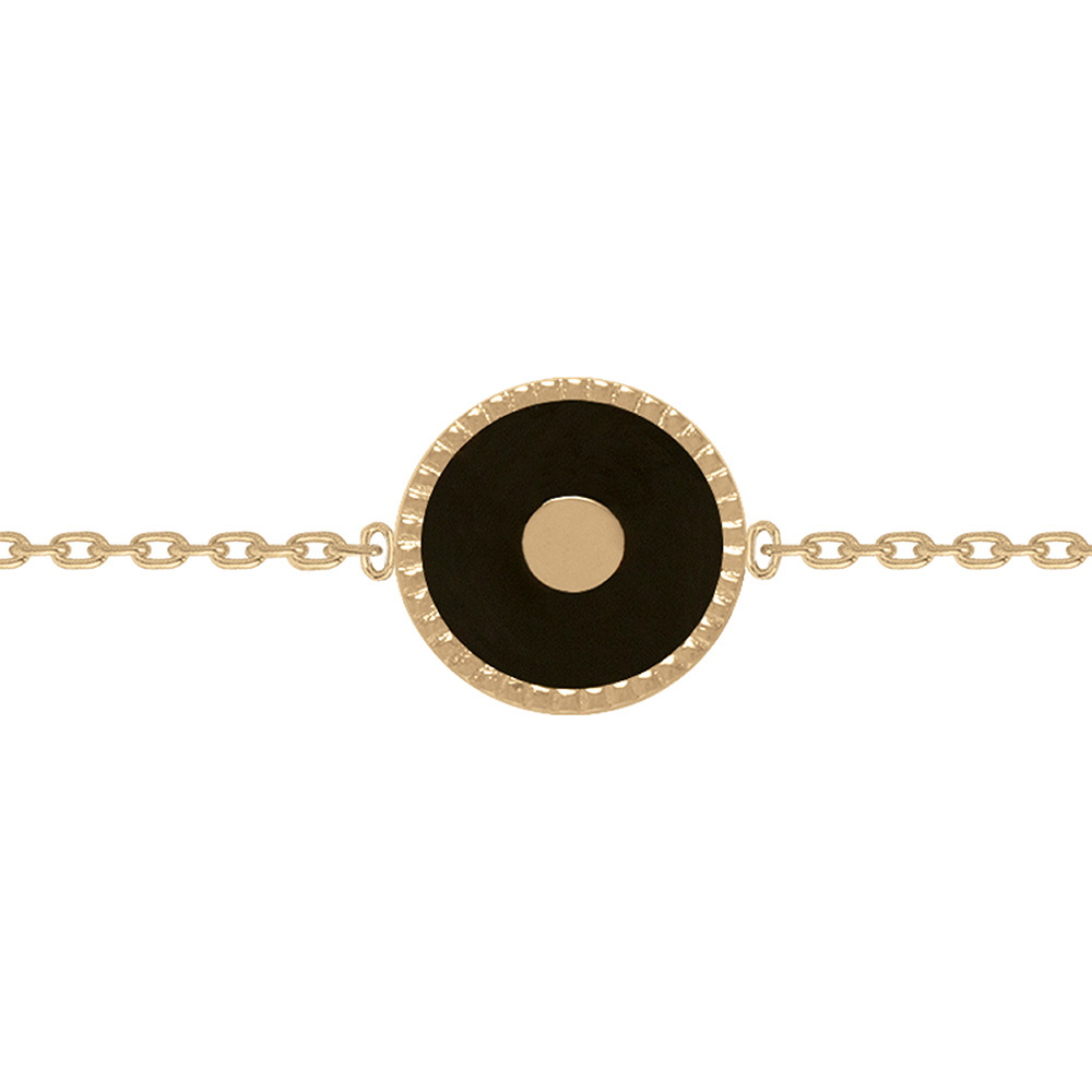Bracelet composé d'une chaîne en plaqué or jaune 18 carats et d'une pastille ronde pavée d'émail de couleur noire.<br/>Fermoir anneau ressort avec anneaux de rappel à 15.5 et 17.5 cm. Rond  Adolescent Adulte Femme Fille Indémodable 