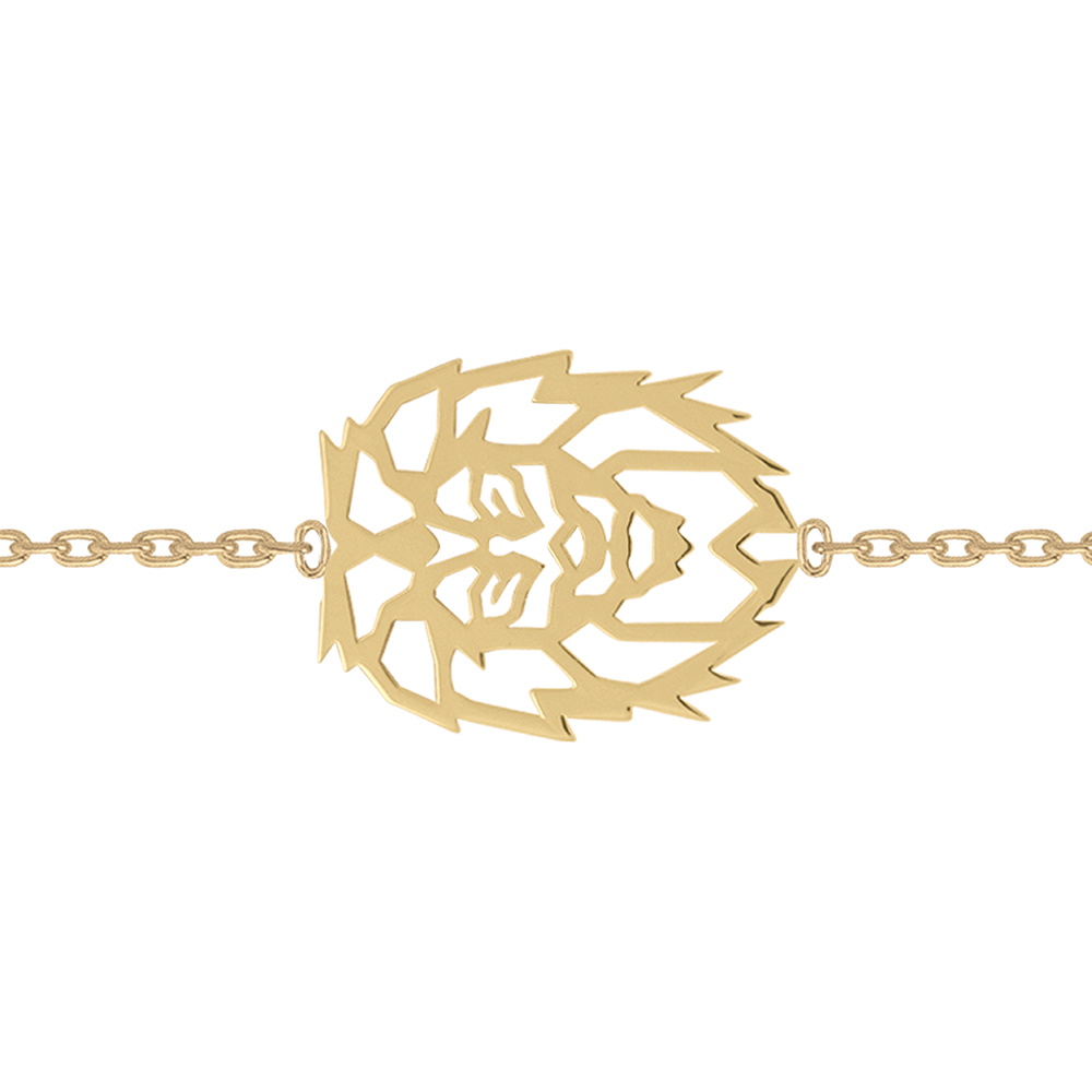 Bracelet composé d'une chaîne et d'une tête de lion en plaqué or jaune 18 carats.<br/>Fermoir anneau ressort avec anneaux de rappel à 15 et 17 cm. Lion  Adolescent Adulte Animaux Femme Fille Indémodable 
