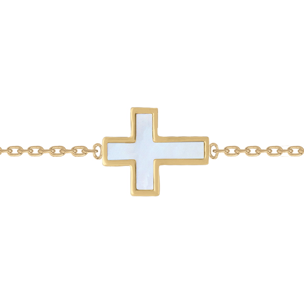 Bracelet composé d'une chaîne en plaqué or jaune 18 carats et d'une croix pavée de nacre.<br/>Fermoir anneau ressort avec anneau de rappel à 16 et 18 cm. Croix  Adolescent Adulte Femme Fille Indémodable Religion 