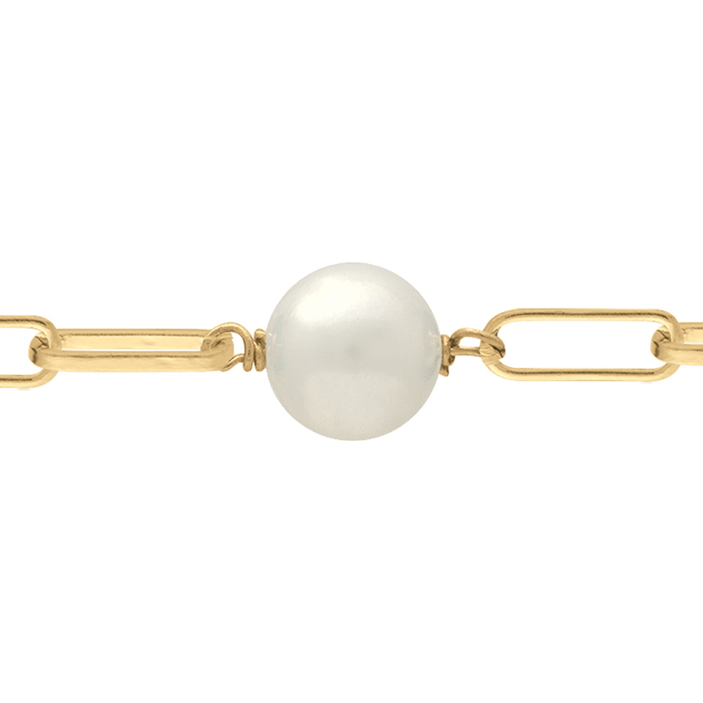 Bracelet composé d'une chaîne maille allongée en plaqué or jaune 18 carats et d'une perle d'eau douce. Boule Perle Rond  Adolescent Adulte Femme Fille Indémodable 