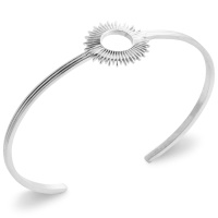 Bracelet jonc rigide ouvert surmonté d'un cercle au motif de soleil en argent 925/000 rhodié.