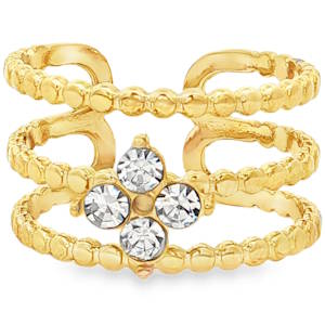 Apportez une touche d’élégance structurée à votre main avec cette bague imposante et lumineuse. Conçue en acier inoxydable de haute qualité, elle allie la robustesse d'un bijou durable à l'éclat intemporel du doré. Cette bague se compose de trois anneaux parallèles reliés entre eux, créant un effet de superposition très tendance. Chaque rang est finement travaillé avec un motif perlé, offrant un relief délicat qui accroche la lumière sous tous les angles. Le cœur de la bague est orné d'un motif en forme de trèfle à quatre feuilles, serti de cristaux blancs brillants pour une touche de glamour irrésistible.