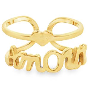 Affirmez votre style avec cette bague au design romantique et contemporain. Conçue en acier inoxydable de haute qualité, elle allie durabilité et éclat pour un look qui traverse le temps sans ternir. Cette pièce unique se distingue par sa structure à double anneau parallèle, reliée par des éléments symboliques. L'anneau inférieur arbore fièrement le mot 