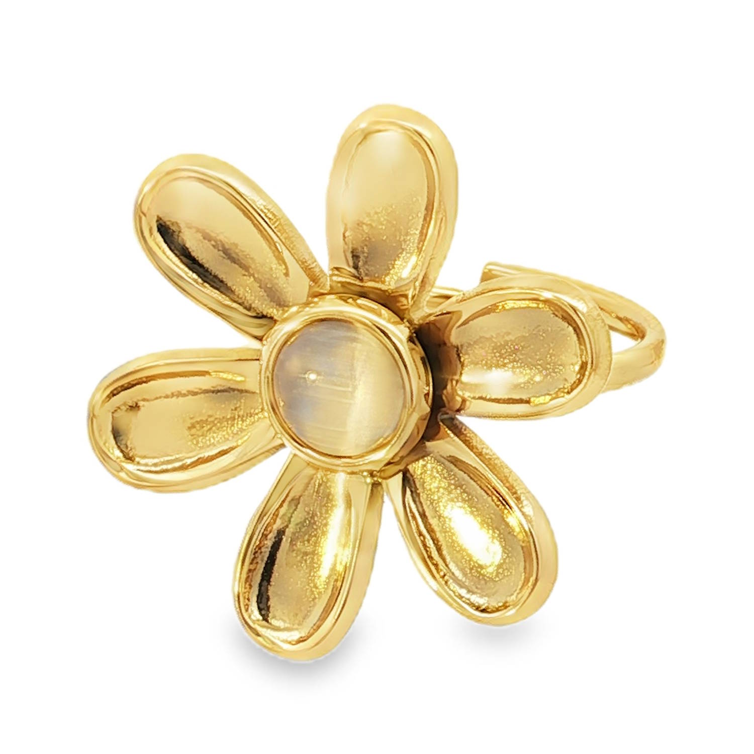 Sublime bague cocktail en acier doré, ornée d'une pierre taillée en cabochon rond.<br/>Cette pièce unique, alliant l'éclat du doré et la douceur mystique de la pierre, apportera une touche d'élégance et de raffinement à votre collection.<br/>Un bijou d'exception pour illuminer vos tenues.<br/>Taille ajustable. Rond Adolescent Adulte Femme Fille Fleurs Indémodable Nature Sublime bague cocktail en acier doré, ornée d'une pierre taillée en cabochon rond.<br/>Cette pièce unique, alliant l'éclat du doré et la douceur mystique de la pierre, apportera une touche d'élégance et de raffinement à votre collection.<br/>Un bijou d'exception pour illuminer vos tenues.<br/>Taille ajustable. Rond Adolescent Adulte Femme Fille Fleurs Indémodable Nature