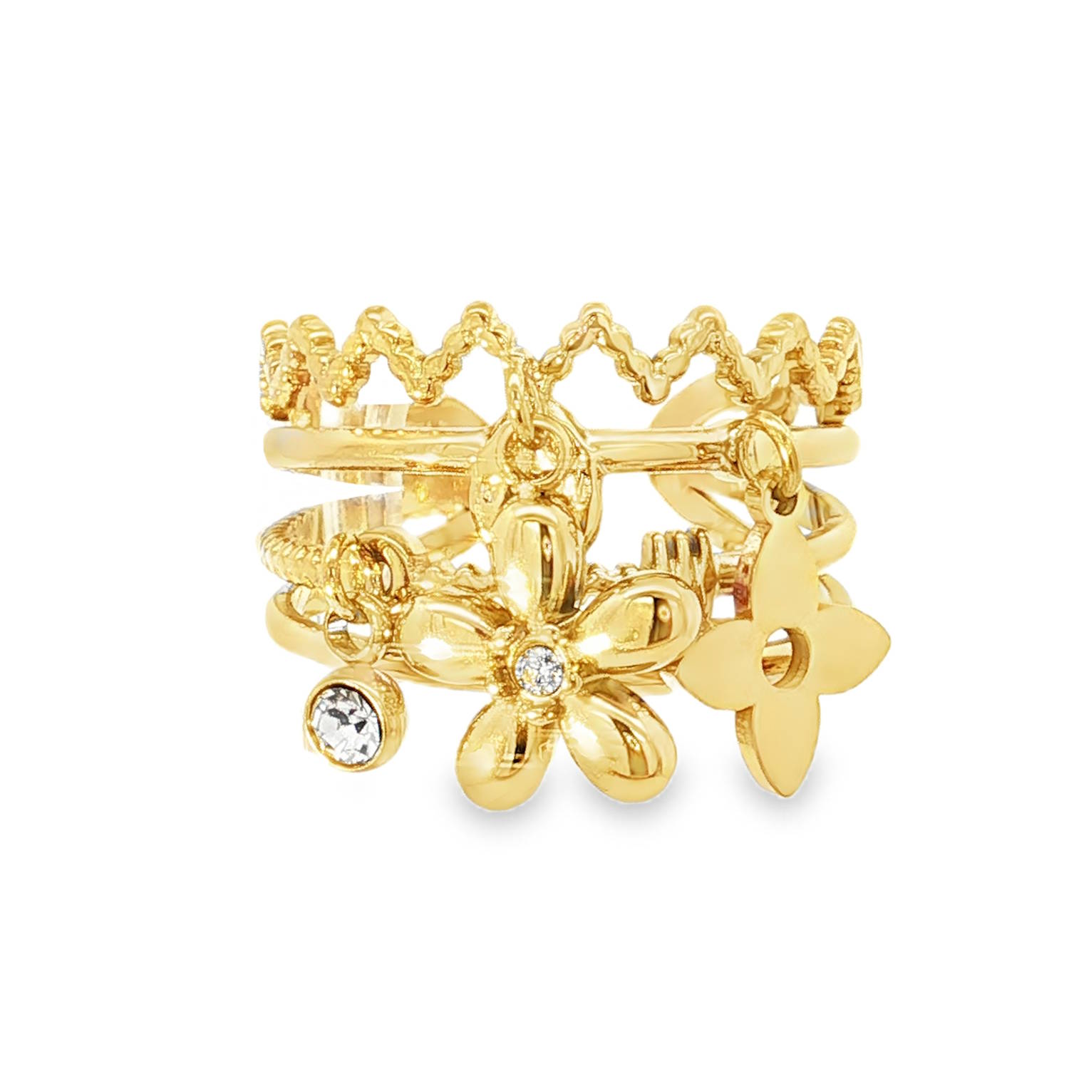 Sublime bague multi rangs en acier doré, une parure scintillante conçue pour la femme moderne.<br/>Cette bague, façonnée en acier doré éclatant, arbore un design unique, sertie d'un strass rond de taille brillant.<br/>Cette collection harmonieuse apporte une touche de luxe discret à toute tenue, un symbole d'élégance intemporelle.<br/>Taille ajustable. Strass Adolescent Adulte Femme Fille Fleurs Indémodable Nature Sublime bague multi rangs en acier doré, une parure scintillante conçue pour la femme moderne.<br/>Cette bague, façonnée en acier doré éclatant, arbore un design unique, sertie d'un strass rond de taille brillant.<br/>Cette collection harmonieuse apporte une touche de luxe discret à toute tenue, un symbole d'élégance intemporelle.<br/>Taille ajustable. Strass Adolescent Adulte Femme Fille Fleurs Indémodable Nature