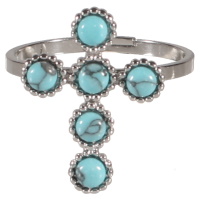 Bague en acier argenté surmontée d'un croix faite de ronds sertis de pierres de couleur turquoise. Taille ajustable.