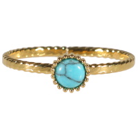 Bague anneau en acier 316L doré surmontée d'une pierre de couleur turquoise sertie clos de forme ronde. Taille ajustable.