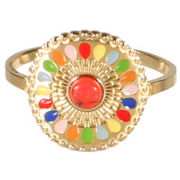 Bague en forme de fleur en acier doré pavée de pétales en émail multicolore surmontée d'une pierre de couleur rouge. Taille ajustable.