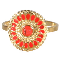 Bague en forme de fleur en acier doré pavée de pétales en émail de couleur rouge surmontée d'une pierre de couleur rouge. Taille ajustable.