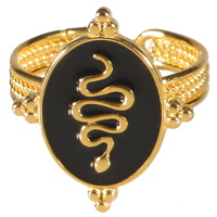 Bague de forme ovale en acier doré pavée d'émail de couleur noire avec un serpent en acier doré. Taille ajustable.
