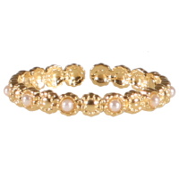 Bague anneau en acier doré sertie de perles d'imitation. Taille ajustable.