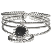 Bague multi rangs en acier argenté avec pendants cercle et un cristal de couleur noir. Taille ajustable.
