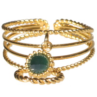 Bague multi rangs en acier doré avec pendants cercle et un cristal de couleur vert bouteille. Taille ajustable.