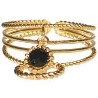 Bague multi rangs en acier doré avec pendants cercle et un cristal de couleur noir. Taille ajustable.