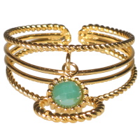 Bague multi rangs en acier doré avec pendants cercle et un cristal de couleur vert. Taille ajustable.
