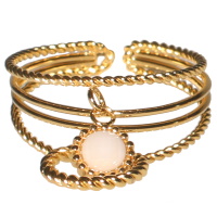 Bague multi rangs en acier doré avec pendants cercle et un cristal de couleur blanc. Taille ajustable.