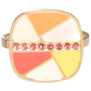 Bague de forme carré pavée d'émail de couleur orange, rouge et jaune, de nacre et de strass rouge. Taille ajustable.