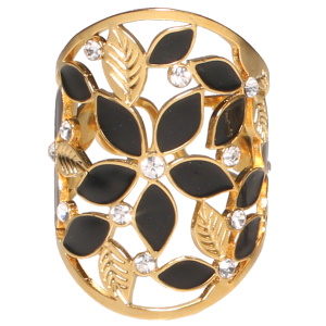 Bague en forme de fleurs avec feuilles en acier doré, pavée d'émail de couleur noir et de strass. Taille ajustable.