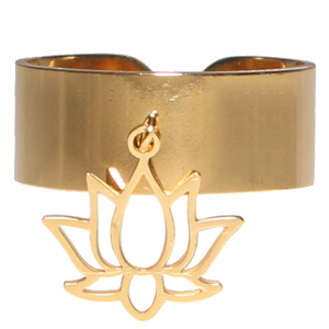 Bague avec fleur de lotus en acier doré. Taille ajustable.