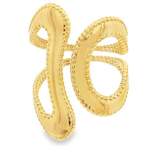Découvrez cette bague artistique en acier doré, une pièce unique qui marie l'éclat du métal précieux à un design contemporain. Sa forme sculpturale enveloppe le doigt avec élégance, offrant un style distinctif et raffiné. Un bijou qui affirme votre personnalité avec audace. Taille ajustable.