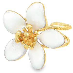 Apportez une touche de fraîcheur et de poésie à votre style avec cette magnifique bague ajustable en forme de fleur en acier doré. Conçue avec soin, elle associe l'éclat chaleureux d'une finition dorée à la douceur de l'émail pour un rendu à la fois romantique et résolument moderne. La bague met à l'honneur une fleur à cinq pétales ronds, minutieusement recouverts d'un émail blanc brillant aux reflets nacrés. Le cœur de la fleur est joliment texturé avec des pistils dorés en relief, captant magnifiquement la lumière. La bague dispose d'un corps ajustable (ouvert à l'arrière), permettant de l'adapter parfaitement à toutes les morphologies de doigts.