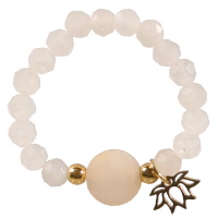 Bague élastique composée de perles de couleur blanche, d'une pierre blanche rosée et d'une feuille de lotus en acier doré.