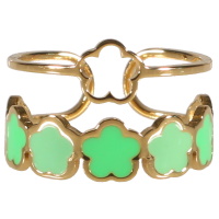 Bague double rangs en acier doré avec fleurs pavées d'émail de couleur vert. Taille ajustable.