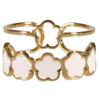 Bague double rangs en acier doré avec fleurs pavées d'émail de couleur blanc. Taille ajustable.