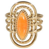 Bague en acier doré surmontée d'une pierre de couleur orange. Taille ajustable.