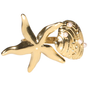 Bague en forme d'étoile de mer et de coquillage en acier doré surmonté de perles d'imitation. Taille ajustable.