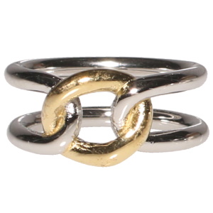 Bague double rangs en acier argenté avec un maillon de chaîne entrelacé en acier doré. Taille ajustable.