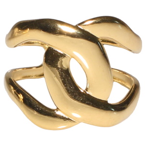 Bague en forme d'anneaux entrelacés en acier doré. Taille ajustable.