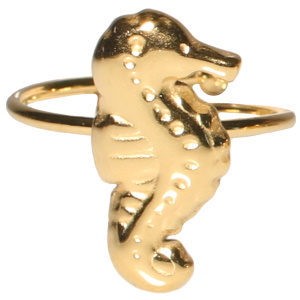 Bague en forme d'hippocampe en acier doré. Taille ajustable.