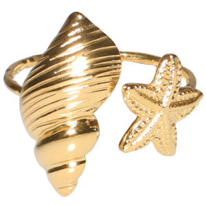 Bague en forme de coquillage et d'étoile de mer en acier doré. Taille ajustable.