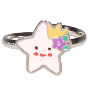 Bague pour enfants en acier argenté avec une étoile pavée d'émail de couleur. Taille ajustable.