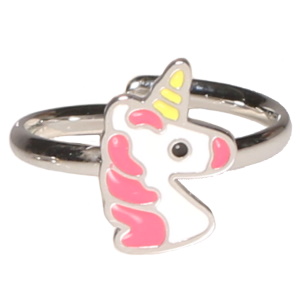 Bague pour enfants en acier argenté avec une licorne pavée d'émail de couleur. Taille ajustable.